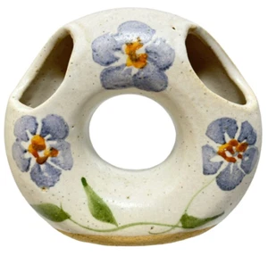 Pottery Donut Shape Double Bud Vase Painted Forget Me Not Flowers Signed - Picture 1 of 9