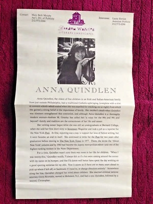 ANNA QUINDLEN; OBJECT LESSONS; 1ST NOVEL PROMO REVIEW MATERIAL IN. FOLDER; PHOTO - Image 1 of 4