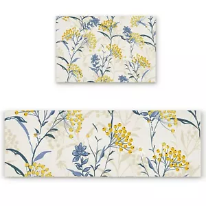 2Piece Kitchen Rugs Set Vintage Floral Plant Summer Flowers Yellow Blue Absor... - Picture 1 of 8