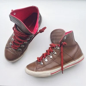 Converse Brown Leather All Star High Tops Red Lace Kids Size 3 - Picture 1 of 10