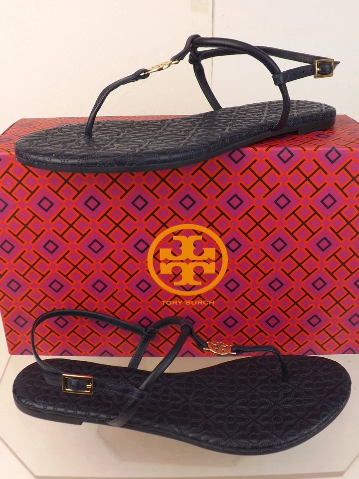 Tory Burch Navy Bryant Quilted Leather Gold Reva Thong Flats Sandals 10