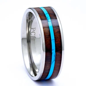 Titanium Ring With Hawaiian Koa Wood Inlay and Turquoise, 8mm Comfort Fit Band - Picture 1 of 4
