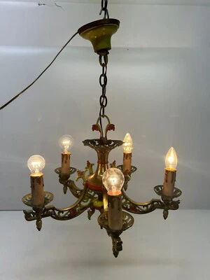 Vtg 5 Arm Chandelier Candelabra Ceiling Light Fixture Deco Art Nouveau Floral - Image 1 of 4