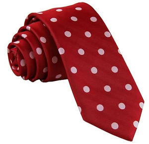 New Men's Poly Woven 2.5" Skinny Slim Necktie Only Prom Red_White Polka Dots  - Picture 1 of 2