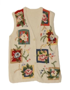 VINTAGE Womens Sleeveless Cardigan Sweater UK 14 Medium Off White Floral AZ35 - Picture 1 of 3