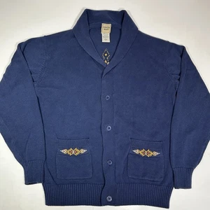 Scandia Woods Men Cardigan Sweater Blue Aztec Geometric Native 100% Cotton Sz L - Picture 1 of 5