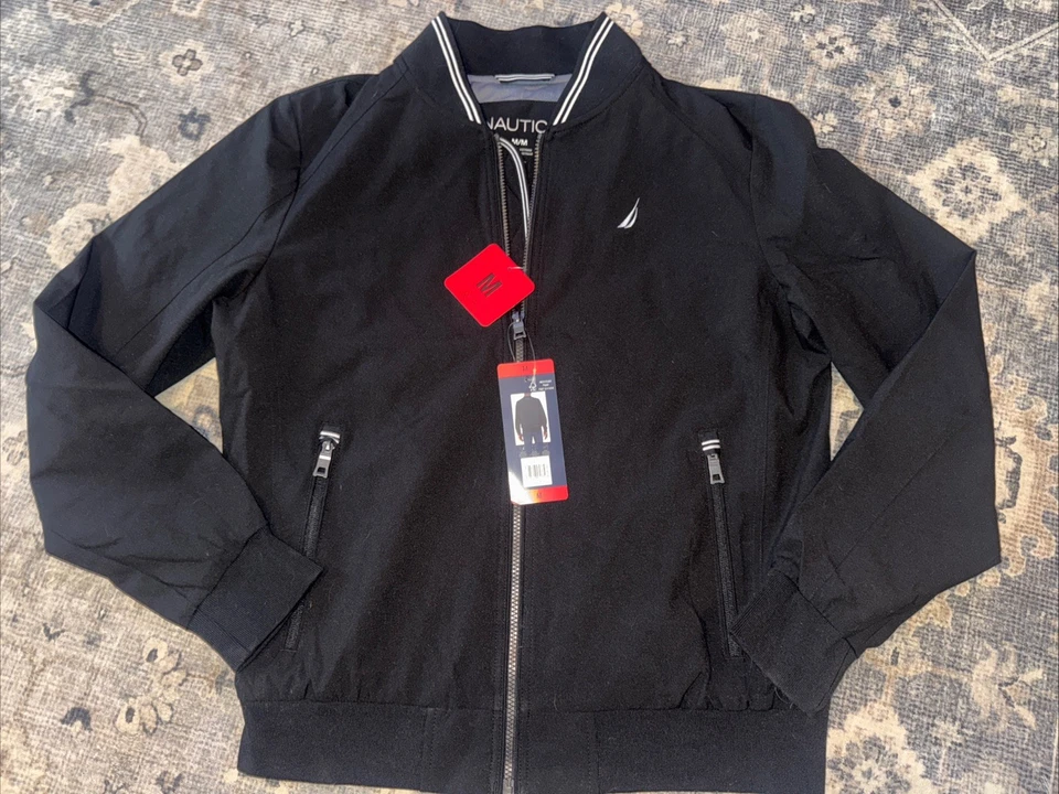 Chaqueta Bomber Nautica Para Hombre Ligera Cuello Rayas Talla M Negra Nueva con Etiquetas Foto 1 de 4