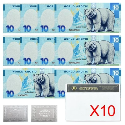 10pcs/Sleeves Arctic Polar Bear Silver Foil Banknotes – Unique Commemorative - Image 1 of 4