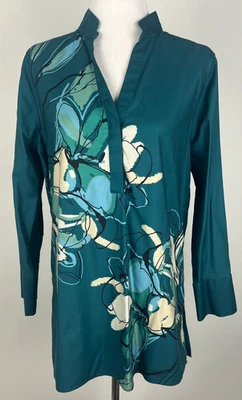 CHICO'S L/S Floral SIN HIERRO Elegante Túnica Popover Algodón Elástico - 1.5 (10) Verde azulado Foto 1 de 4