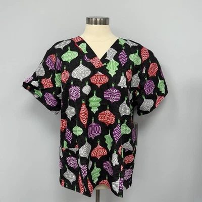 NWT Buttersoft Christmas Ornaments Scrub Top Plus 4X Black Holiday Cotton Scrubs - Image 1 of 4