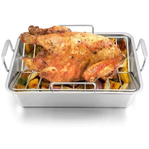 14Inch Roasting Pan with Rack Stainless Steel Turkey Roaster Pan with V Shaped R - Picture 1 of 7