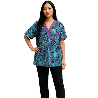 Young USA Purple Blue White Print VNeck Doctor Nurse ER Scrub Top Shirt Medium - Image 1 of 4