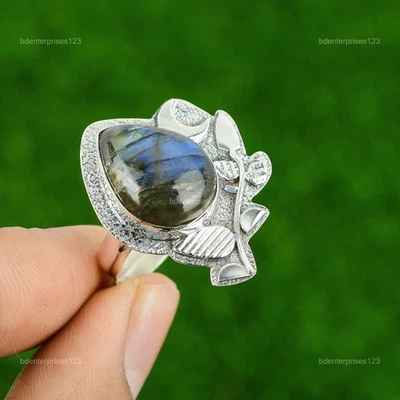 Piedra Labradorita 925 Plata Boho Solitario Luna Creciente Hija Anillo Joyería Foto 1 de 4
