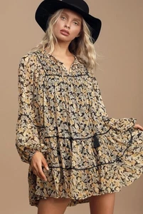 FREE PEOPLE Boho Lightweight Chiffon Free Swinging Floral Ruffled Mini Dress L - Picture 1 of 7