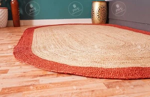 Alfombra de yute ovalada con borde rojo con alfombra de yute natural, alfombra trenzada a mano tamaño personalizado - Imagen 1 de 8