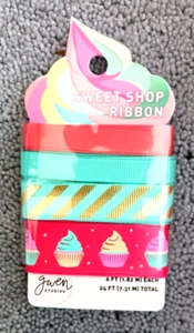 GWEN STUDIOS Sweet Shop Ribbon Pinkish Coral Seafoam Cupcakes 24 Total Feet - Picture 1 of 2