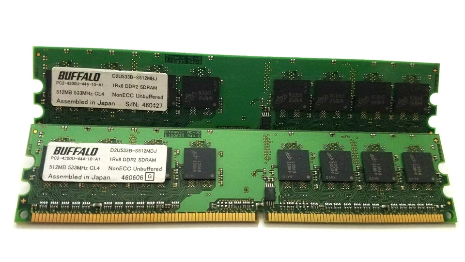 Buffalo 1GB(2X512MB) PC2-4200 DDR2-533MHz non-ECC Unbuffered CL4 240-Pin DIMM Si - Image 1 of 1