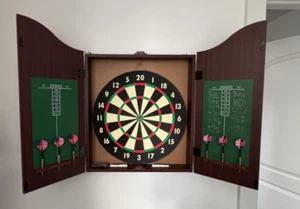 Vintage Wood Dart Board Cabinet Set, Professional Dart Game Set with 6pcs Darts - Picture 1 of 10