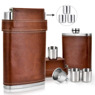 Amazing 8oz Hip Flask Set Brown Leather Effect Quality Stainless Steel 3 Cups - Image 1 of 2