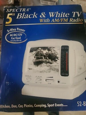 Spectra | 5” Portable B&W Television TV | AM/FM Radio | 52-BWR-W - Image 1 of 4