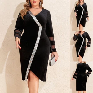 Plus Size Women Velvet Sequins V-Neck Midi Dress Ladies Flared Sleeve Party Gown - Picture 1 of 10
