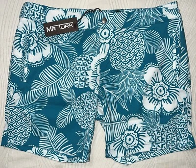 Pantalones Cortos Mr Turk Honolulu Para Hombre 32 Nuevos con Etiquetas Forrados 7” Entrepierna Nadar Verde azulado Blanco $228 Foto 1 de 4