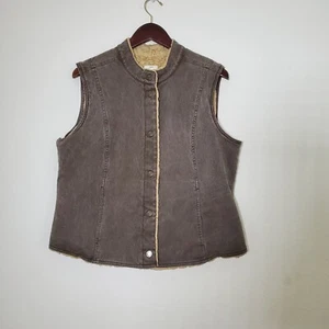 J Jill Women's Vest Large Brown Faux Fur Lined Paisley Denim Boho Cozy Lagenlook - Picture 1 of 12