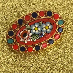 Vintage Italienische Anstecknadel Brosche Micro Mosaik Blume floral oval goldfarben filigran - Bild 1 von 5