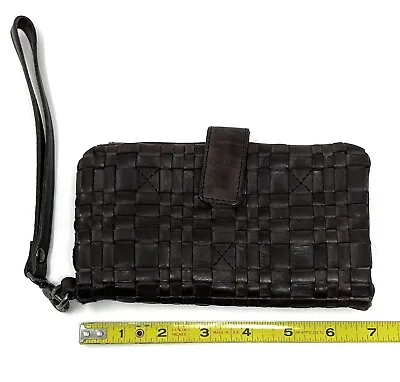VILENCA Holland Woven Leather Wallet Wristlet Clutch Removable Strap DARK BROWN • 62.66€