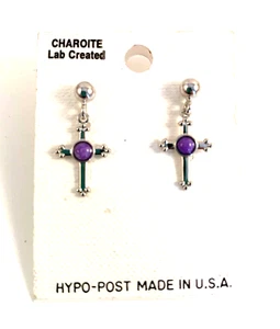 Earrings Religious Cross Lab Created Charoite Pierced Dangles Dainty NOS Purple - Picture 1 of 3