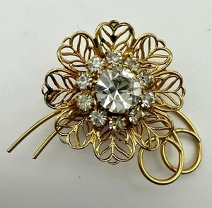 Goldfarbene und klare Strass-Blumenbrosche - 2"" breit x 1,5"" T - Bild 1 von 5