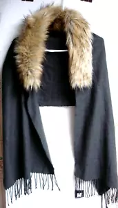 Shawl Cape Grey W/Fringe & Faux fur Poncho Wrap Shawl Cape David Lern 1 sz NW +2 - Picture 1 of 7