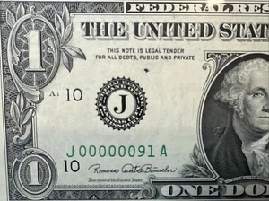 1974 $1 Federal Reserve Note (KANSAS “J”) PMG 64 Birthday fancy low serial #91 - Picture 1 of 11