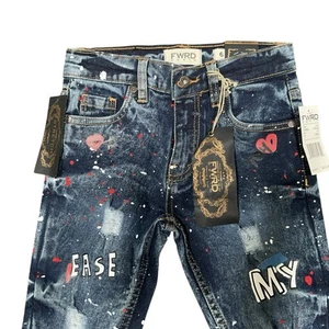 Y2K FWRD Denim Skinny Jeans Spray Paint Graffiti Size 6 Distressed Straight New - Picture 1 of 6