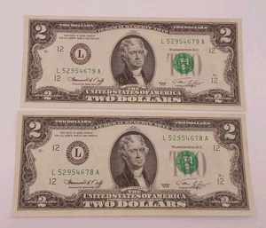 (2) $2 Federal Reserve Note Consecutive Serial San Franscisco Fr. 1935L - Picture 1 of 4