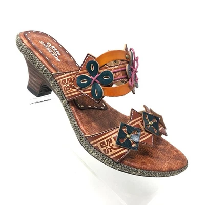 Spring Step Sandal 39 Women's Size 8.5 Brown Leather Slide Kitten Heel Savory  - Image 1 of 4