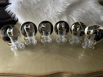 Juego de té turco Kahwa de 18 tazas y platillos de vidrio Shai de café árabe negro/dorado Foto 1 de 4