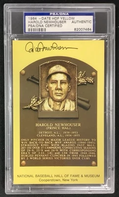 Hal Newhouser Signed Gold HOF Plaque Postcard Yellow Tigers Autograph PSA/DNA - Image 1 of 2