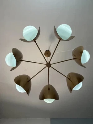 Mid-Century Modern Brass Sputnik Chandelier 7-Globe Opal Glass Pendant Light cur - Image 1 of 4