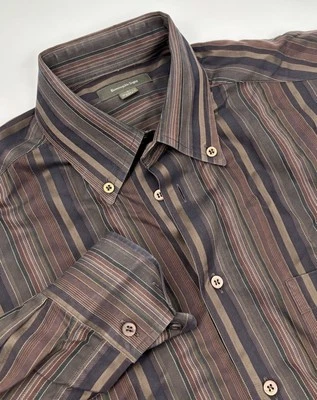 Ermenegildo Zegna Men's L Cotton Brown Striped Button Down Dress Shirt - Image 1 of 4