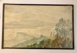 ANTIKES PASSEPARTOUT GLASIERTES AQUARELL EINER TROPISCHEN INSEL 19x29cm (APB)1 - Bild 1 von 6