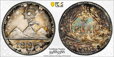 MS64 1897 1/4R Guatemala Silver 1/4 Real, PCGS Trueview- Pretty Rainbow Toned - Image 1 of 4