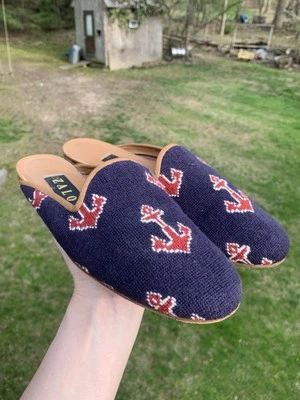Zapatos sin cordones vintage Zalo bordados ancla de cuero azul marino para mujer talla 8,5 9 N Foto 1 de 4
