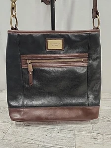 Tignanello Leather Crossbody Bag Black Brown Zip Handbag Purse - Picture 1 of 20