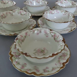 Set 6 Antique HAVILAND Porcelain RAMEKINS + Under Plates ~ PINK Morning Glories - Picture 1 of 7