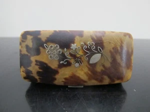 Antique VICTORIAN Pressed HORN & TORTOISESHELL Silver Inlaid Pill Snuff Box - Picture 1 of 8