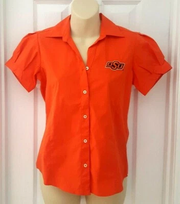 OKLAHOMA STATE COWBOYS Womens Blouse Size XS Top Orange Embroidered OSU Logo New - Image 1 of 4