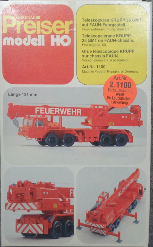 Preiser  1100   (Spur H0)    Feuerwehr Krupp Teleskopkran + OVP  (unbenutzt) - Bild 1 von 1
