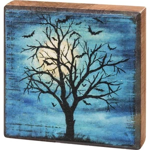 Decorative Wooden Block Sign Haunted Tree With Moon & Bats - 4 In x 4 In NEW - Picture 1 of 4