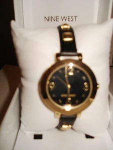 NINE WEST WOMEN'S FASHION WATCH LEATHER STRAP BAND BLACK WITH GOLD STUDDED - Picture 1 of 6